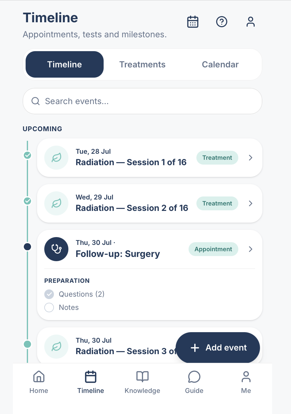 Timeline screen showing appointments and treatments
