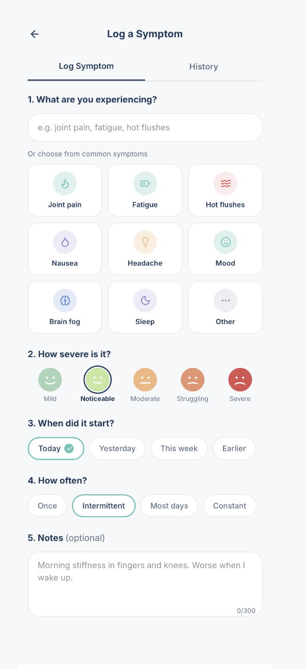 Log a symptom screen