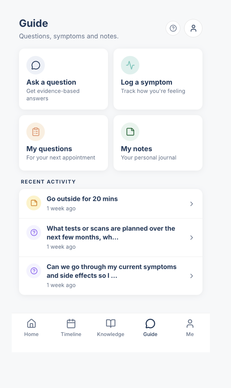 Guide screen with questions, symptoms and notes