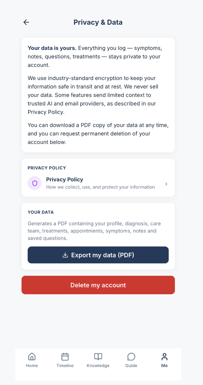 Privacy and Data settings screen