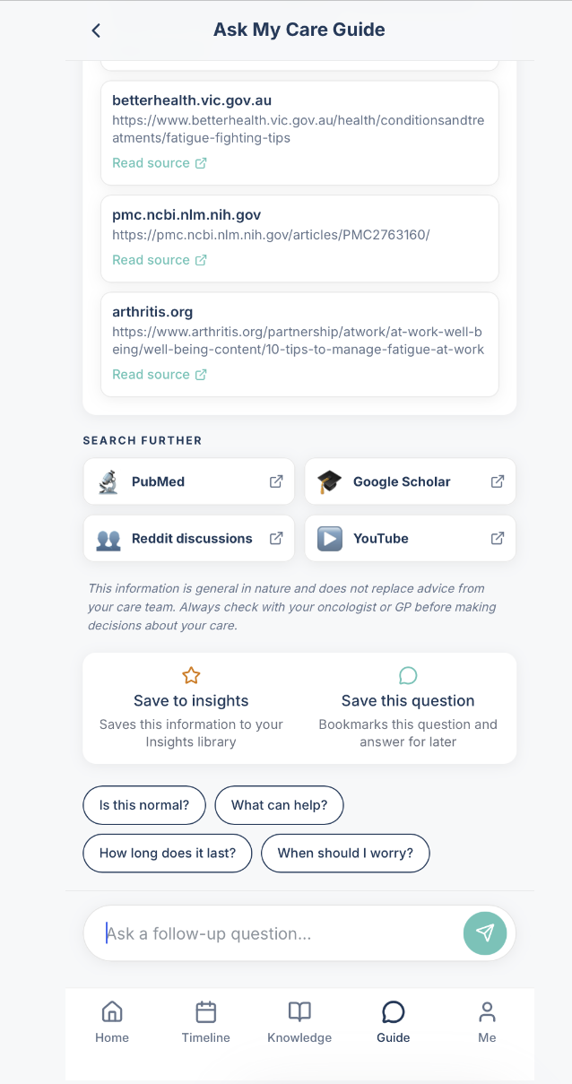 Save to insights and sources on an AI answer